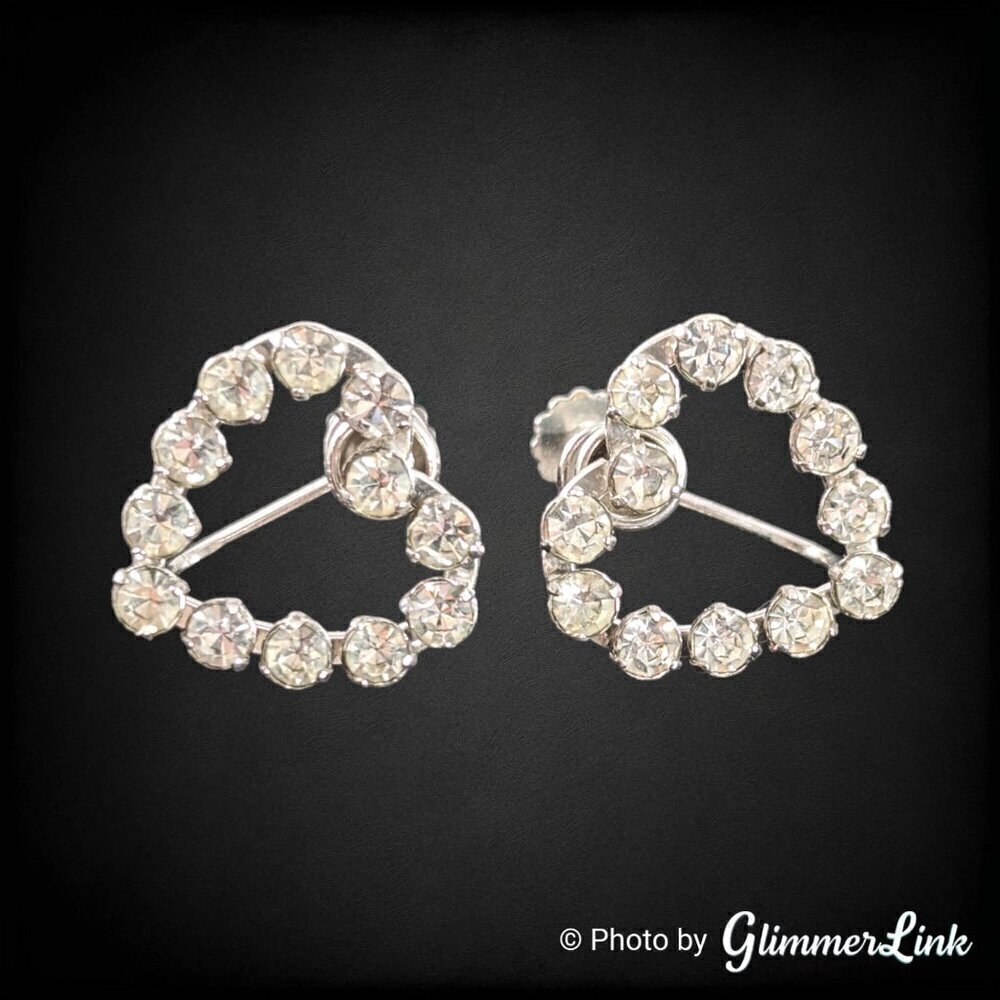 VTG KREMENTZ White Gold Overlay Clear Rhinestone Heart Screw Back Earrings